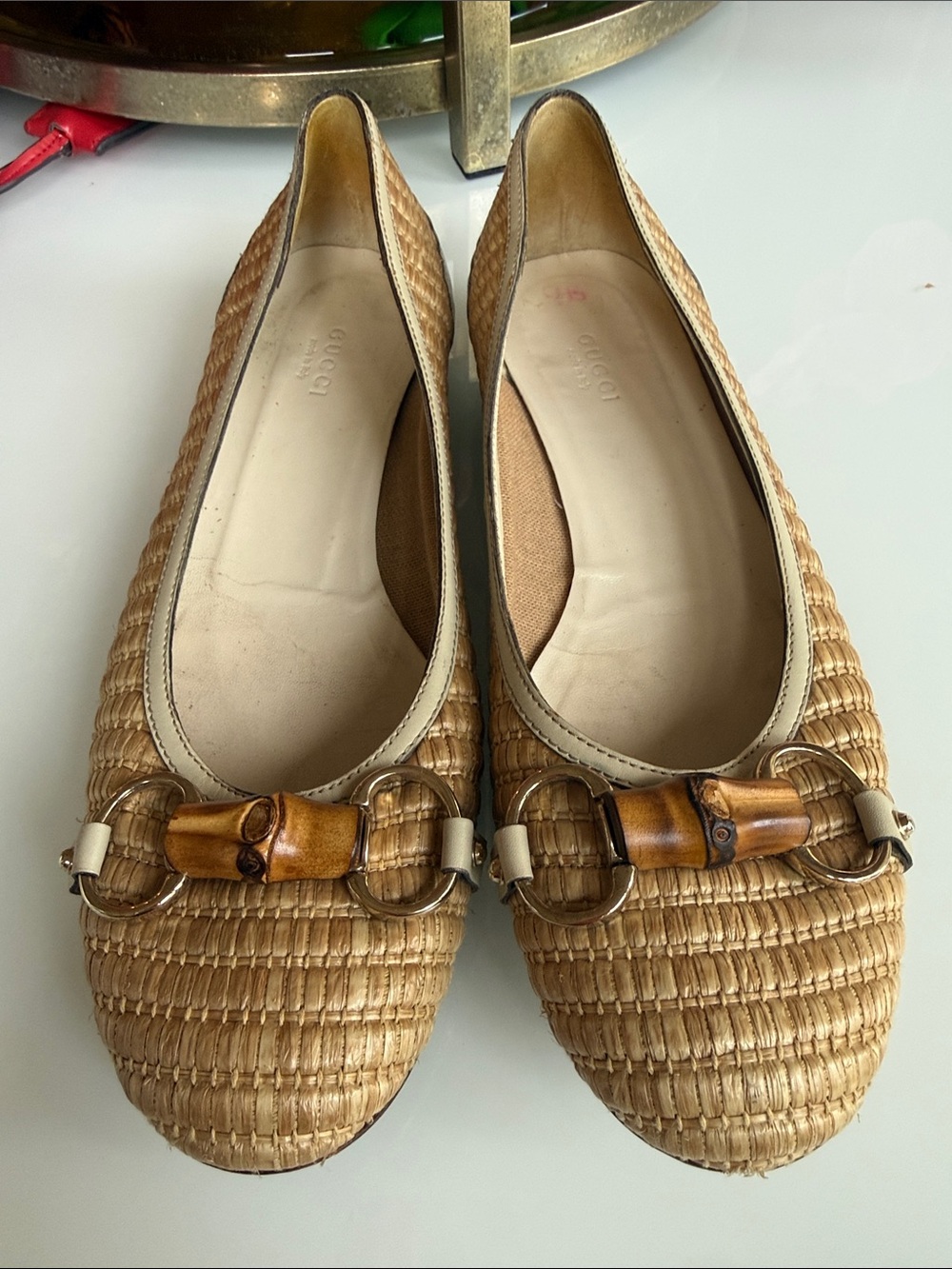 Gucci Beige Woven Bamboo-Accent Ballet Flats